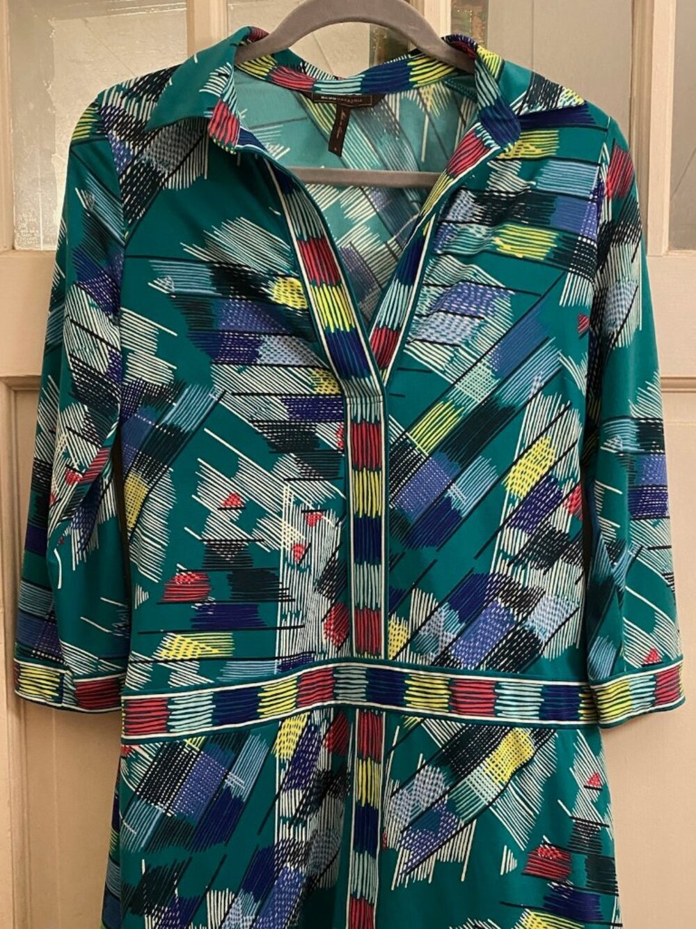 BCBGMAXAZRIA Geometric Abstract Print Drop Waist Tunic Dress Teal - Size Small